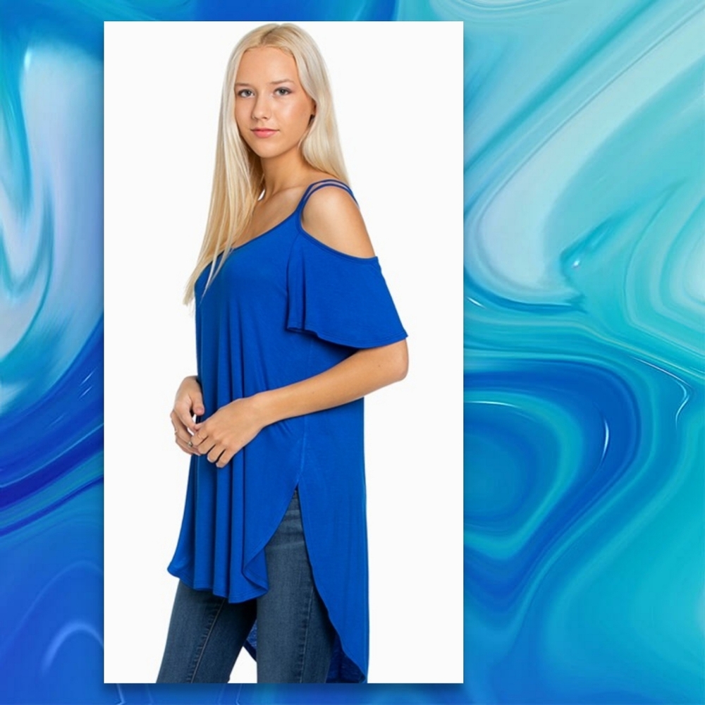 ALMOST SOLD OUT GO TO NEW LISTING Cobalt Blue Tunic Blouse Cold Shoulder Top - Picture 3 of 5